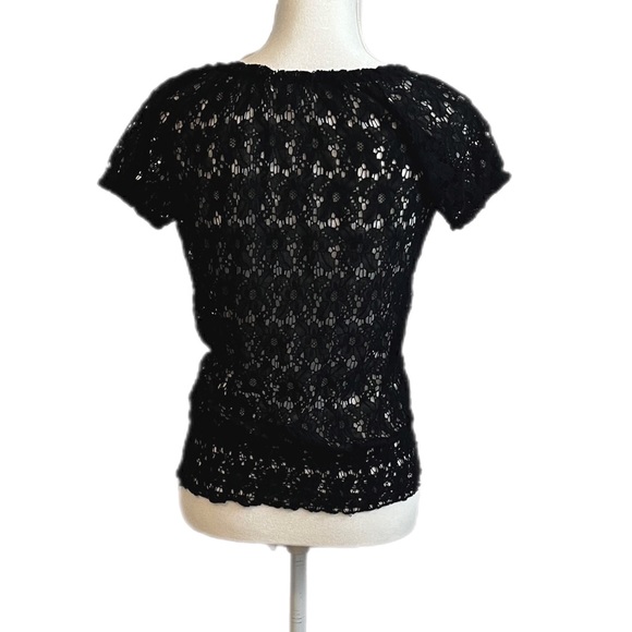 Lace Peasant Top with Tie Front Black Size M - Picture 2 of 5